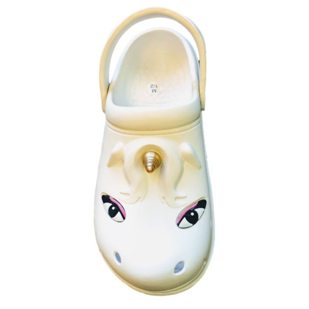 Kids Unicorn-Themed White Clogs  Adjustable Strap - LG 3/4